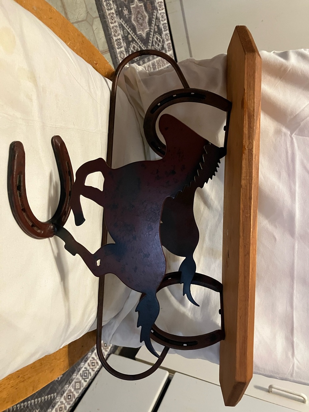 Wonderful wood n brass 2 pc set. Great 16” -5” hanging shelf with brass horse